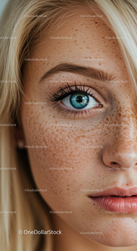 Close-up of freckled woman's bright blue eye and lips