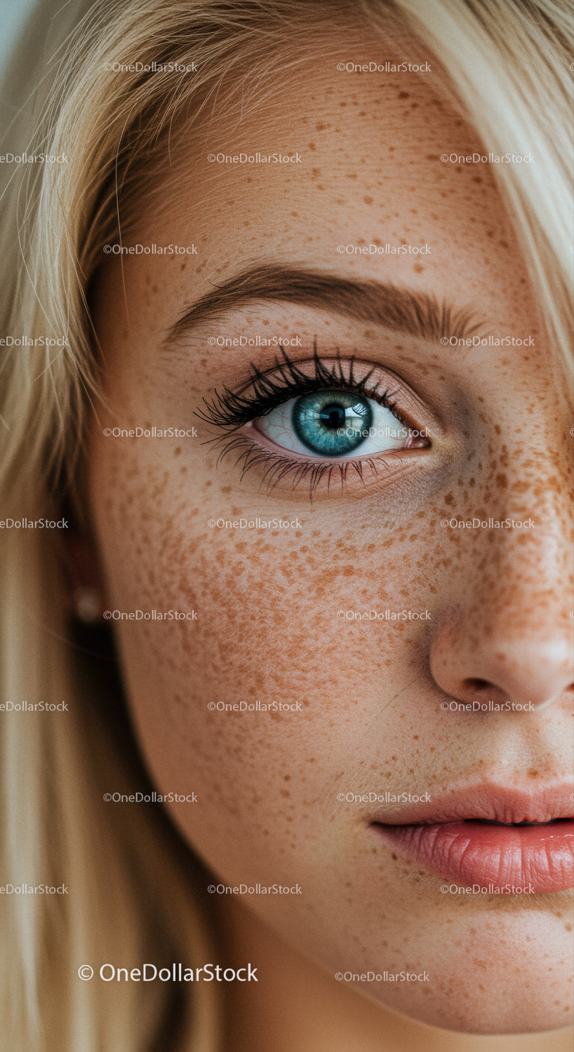 Close-up of freckled woman's bright blue eye and lips
