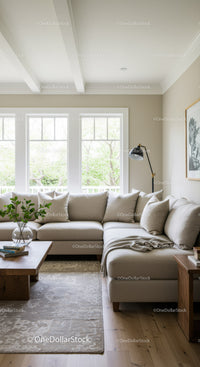 Bright Modern Living Room with Beige Sofa and Large Windows