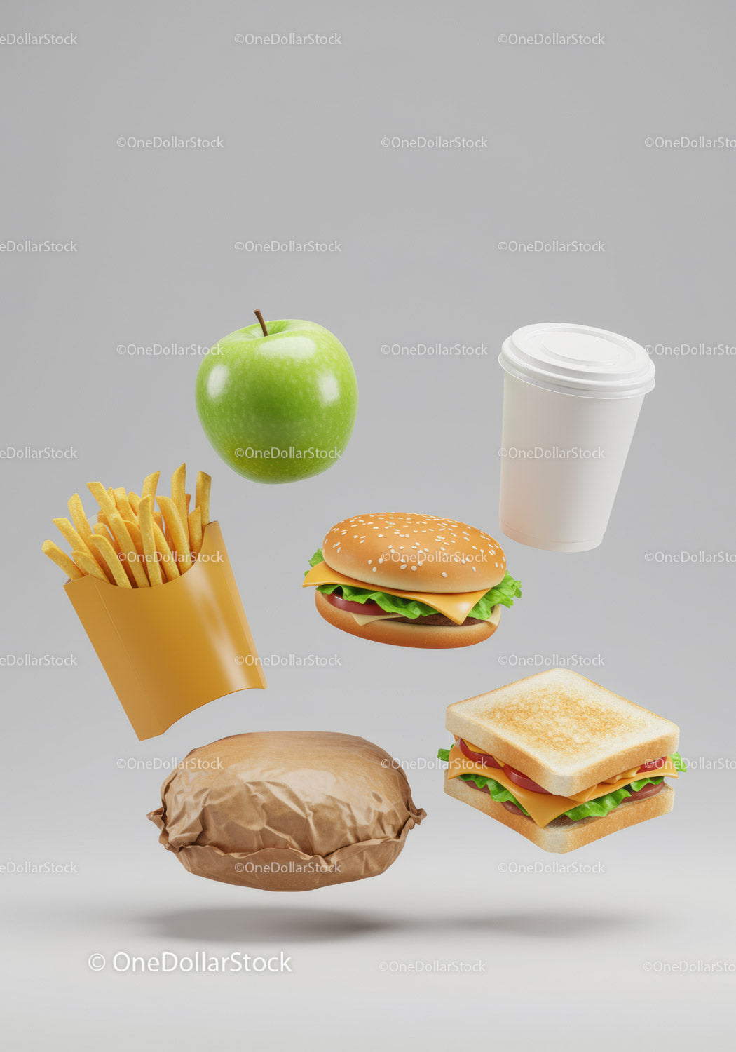 Assorted Fast Food Items with Fresh Green Apple Floating