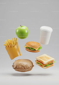 Assorted Fast Food Items with Fresh Green Apple Floating