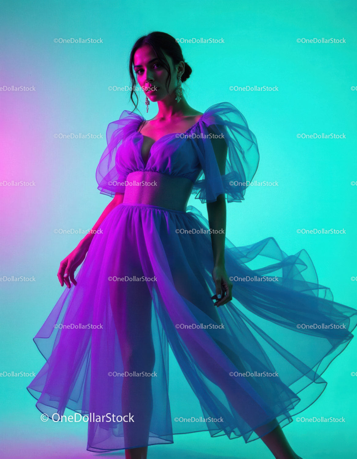 Elegant Fashion Model in Sheer Purple Evening Gown with Vibrant Lighting