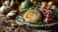 Fresh Artichoke with Herbs and Cured Meat on Rustic Wooden Surface