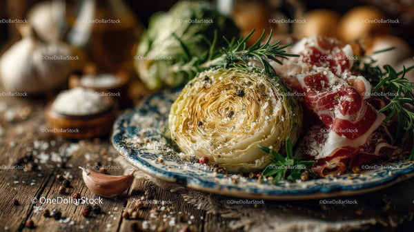 Fresh Artichoke with Herbs and Cured Meat on Rustic Wooden Surface