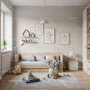 Bright Minimalist Children's Room with Soft Pastel Decor and Wooden Elements
