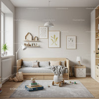 Bright Minimalist Children's Room with Soft Pastel Decor and Wooden Elements