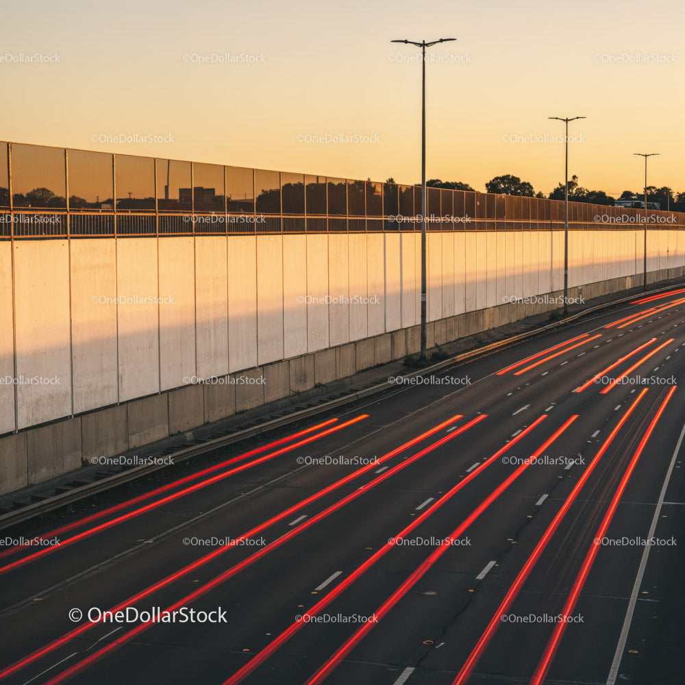 City Highway with Light Trails During Sunset in Urban Environment