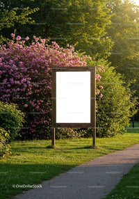 Blank wooden signboard in vibrant garden pathway