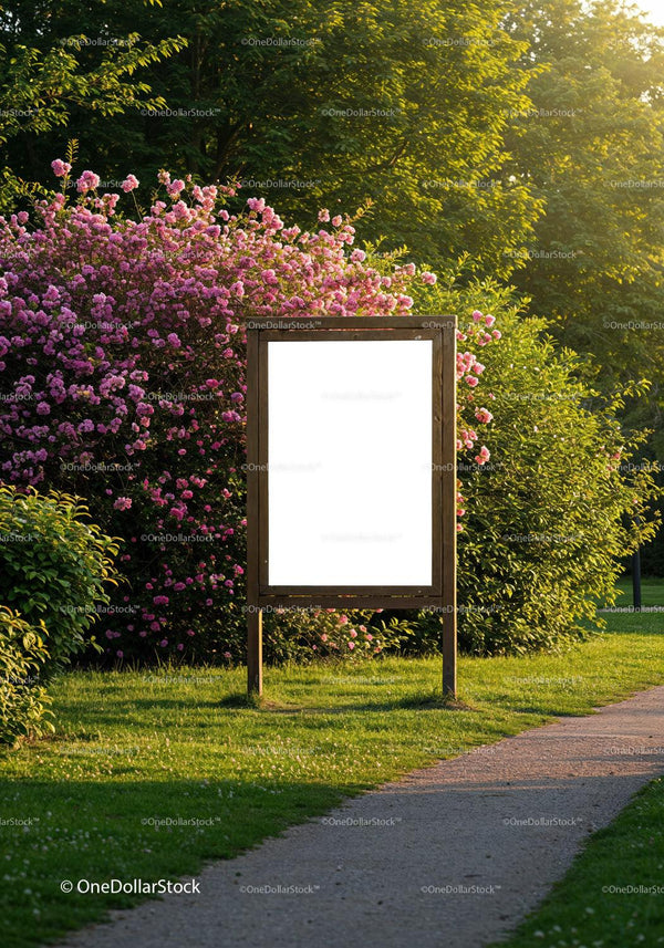 Blank wooden signboard in vibrant garden pathway JPG Mockup Image