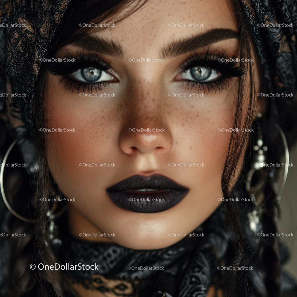Intense Beauty Portrait of Woman with Blue Eyes and Dark Makeup
