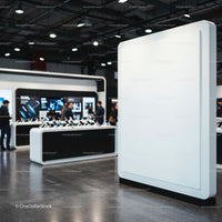 Modern showroom interior with technology display units