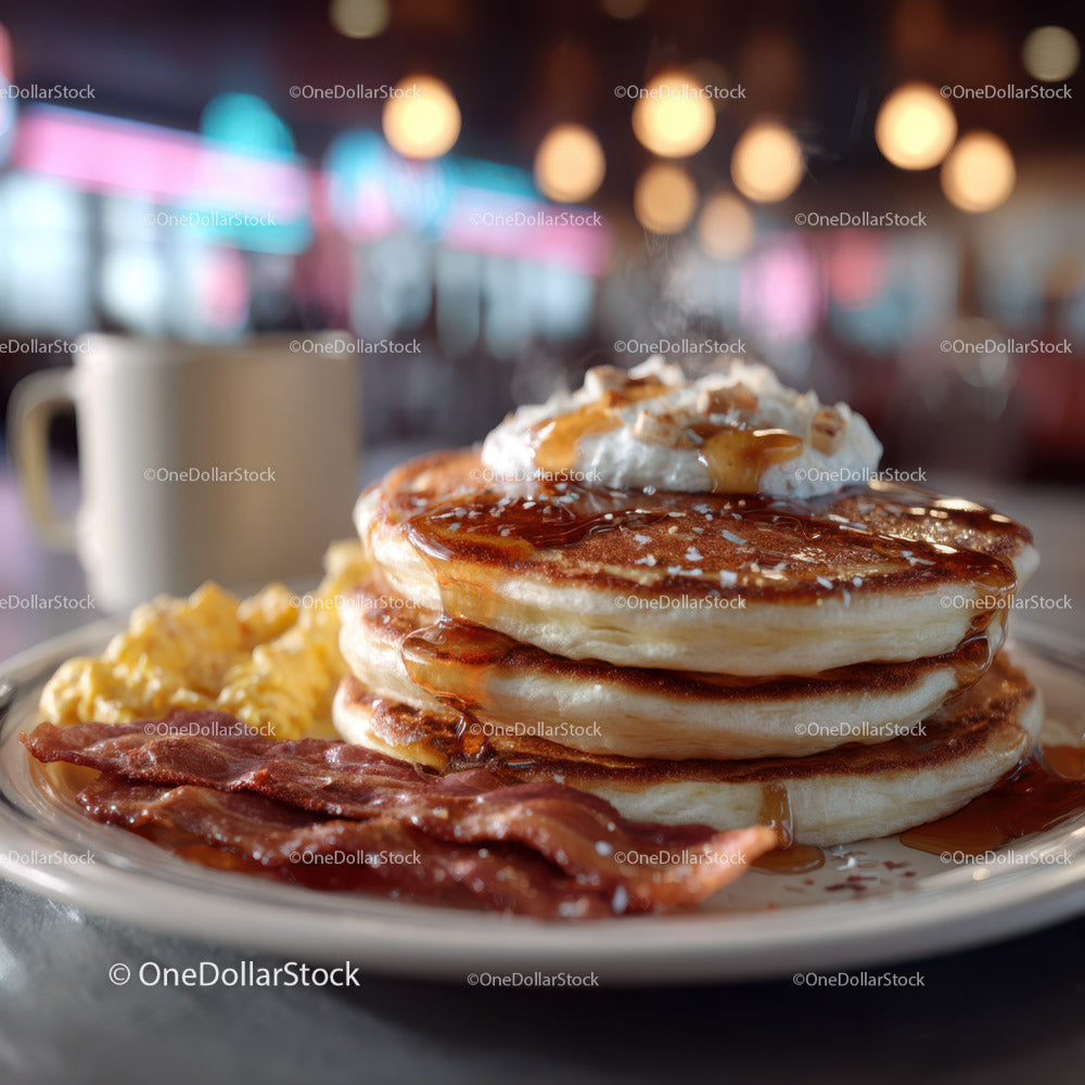 Stack of Fluffy Pancakes with Whipped Cream and Caramel Syrup