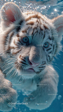 White tiger cub swimming underwater with piercing blue eyes