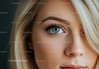 Close up of blue eye on young woman with blonde hair