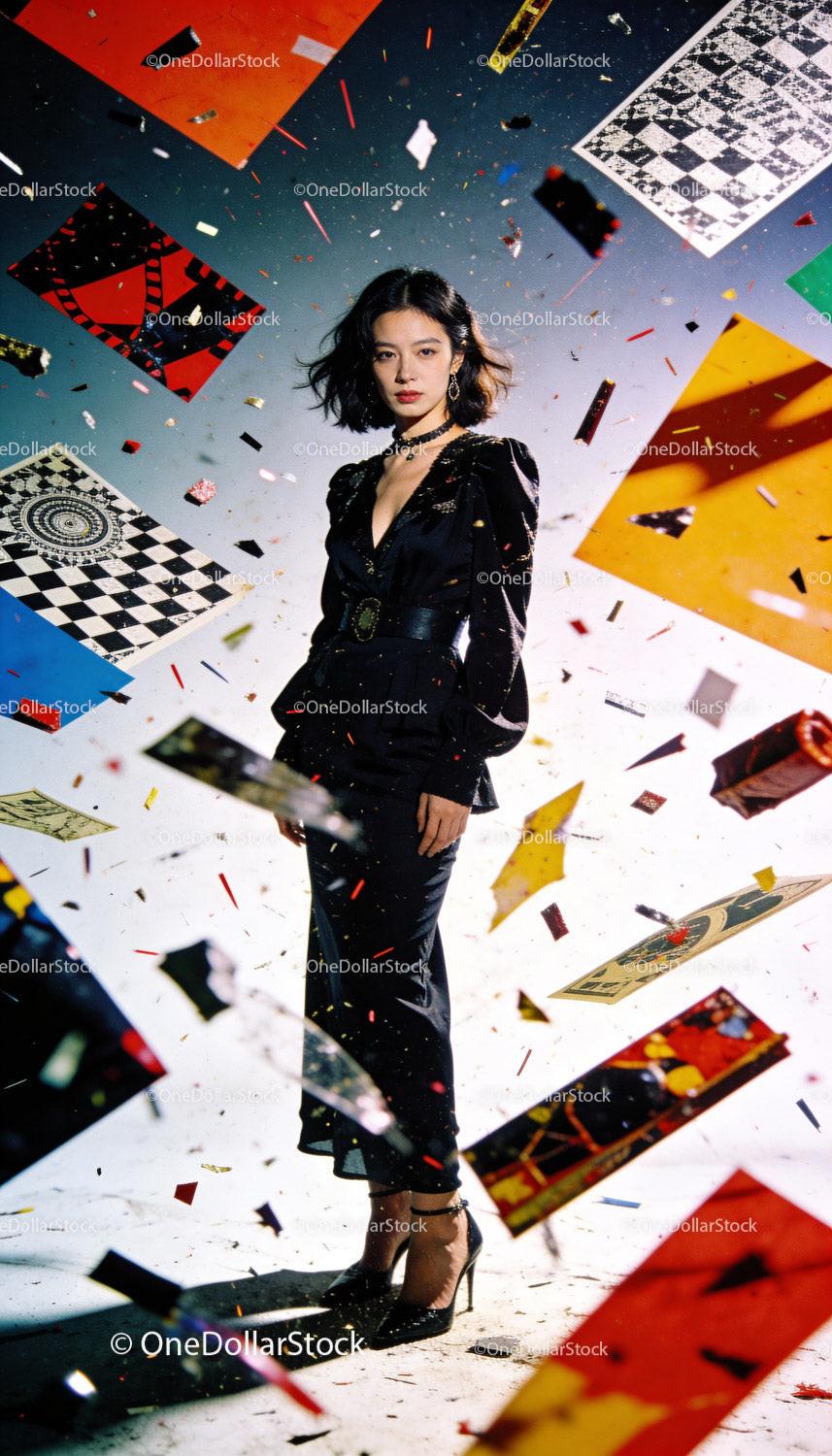 Confident woman in black dress amidst floating artwork