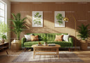Cozy living room with green sofa and wooden accents