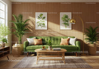 Cozy living room with green sofa and wooden accents