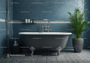 Elegant clawfoot bathtub in stylish blue tiled bathroom