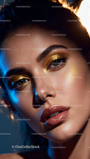 Close-up of woman with golden eye makeup and glossy lips
