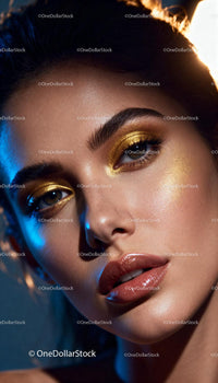 Close-up of woman with golden eye makeup and glossy lips