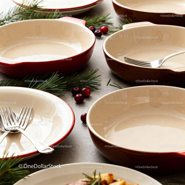 Eleganckie ceramiczne miski z świąteczną zielenią i żurawiną
