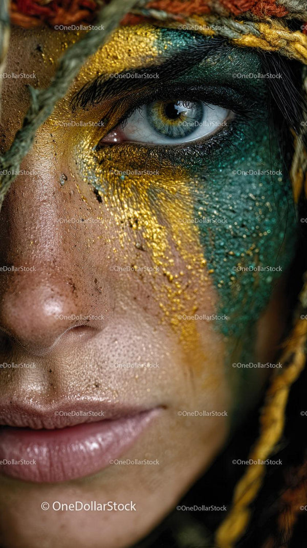 Close-up of a Woman with Vibrant Artistic Face Paint and Captivating Eyes