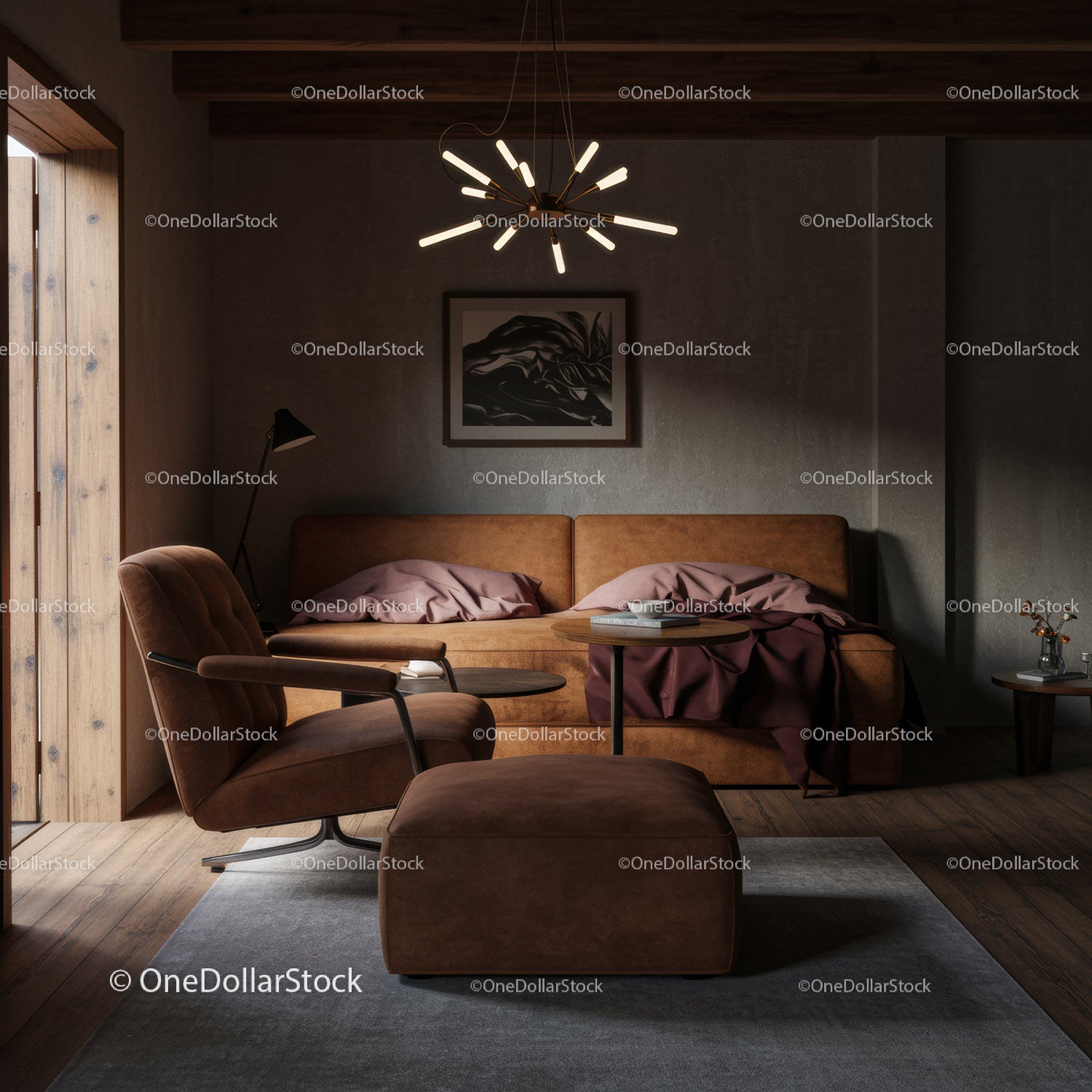Stylowy salon z nowoczesną sofą i artystycznym wystrojem