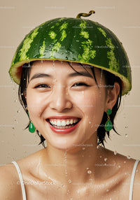 Happy young woman wearing watermelon helmet with water drops