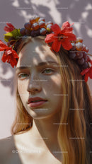 Young Woman with Red Floral Crown and Purple Grapes Outdoor Portrait
