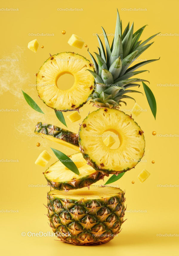 Fresh sliced pineapple with green leaves on yellow background