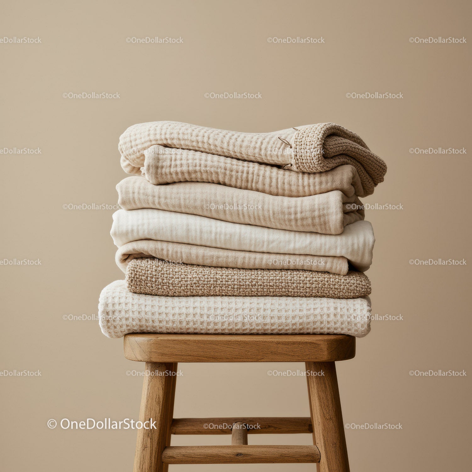 Stack of Neutral Colored Textured Blankets on Wooden Stool