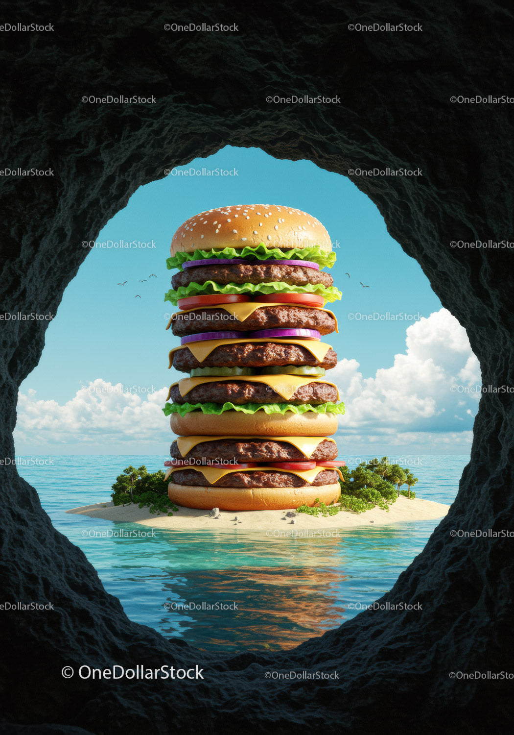 Gigantyczna wieża cheeseburgerów na plaży tropikalnej wyspy