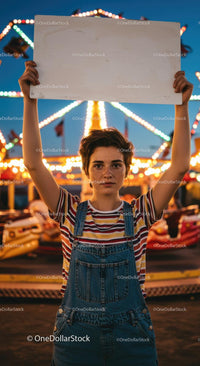 Young Girl Holding a Sign at a Colorful Amusement Park
