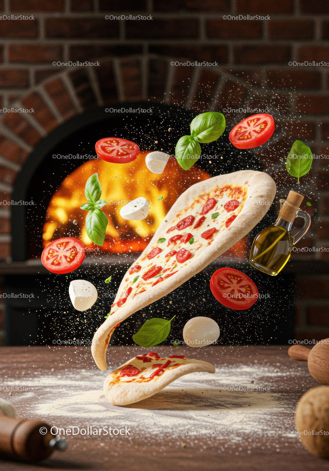 Fresh Margherita Pizza Ingredients Flying Near Oven