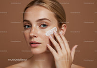 Young Woman Applying Skincare Cream with Clear Skin and Freckles