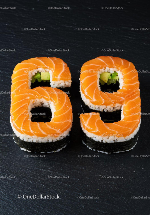 Sushi rolls shaped as number sixty nine with salmon topping