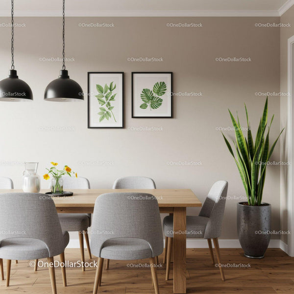 Modern Dining Room with Green Plants and Minimalist Decor