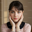 Young Woman with Bright Green Eyes and Short Dark Hair in Casual Pose