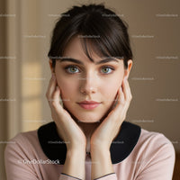 Young Woman with Bright Green Eyes and Short Dark Hair in Casual Pose