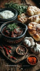 Hearty Spicy Beef Stew with Rustic Bread and Fresh Garlic