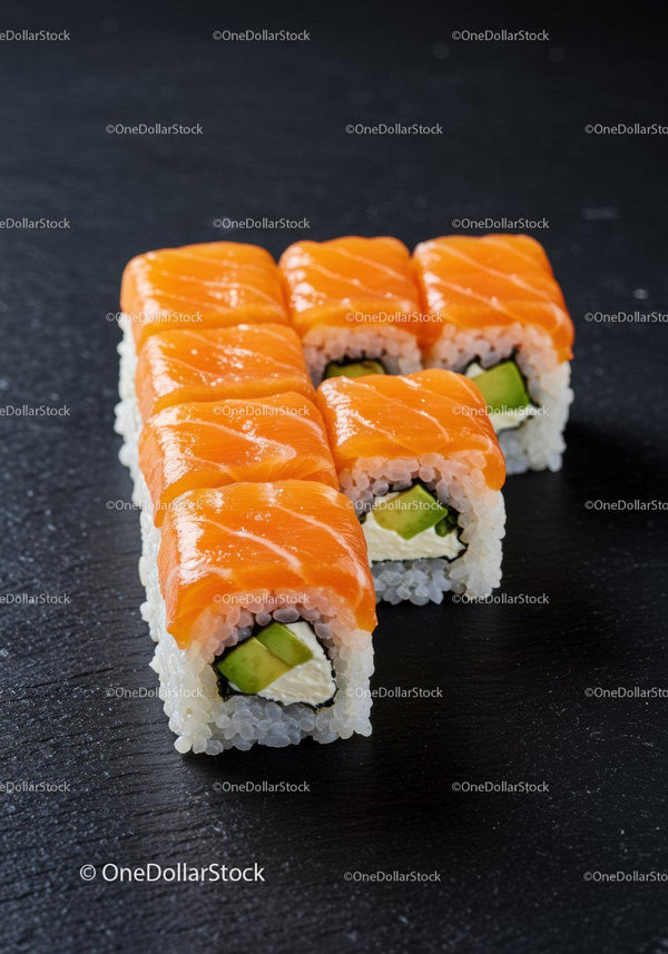 Fresh salmon sushi rolls with avocado and cream cheese