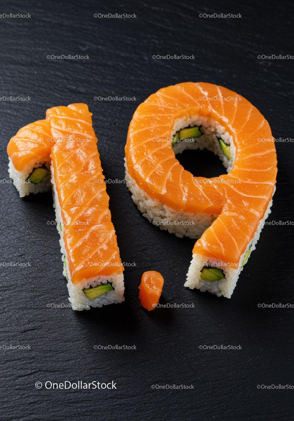 Creative sushi shaped as number nineteen with salmon