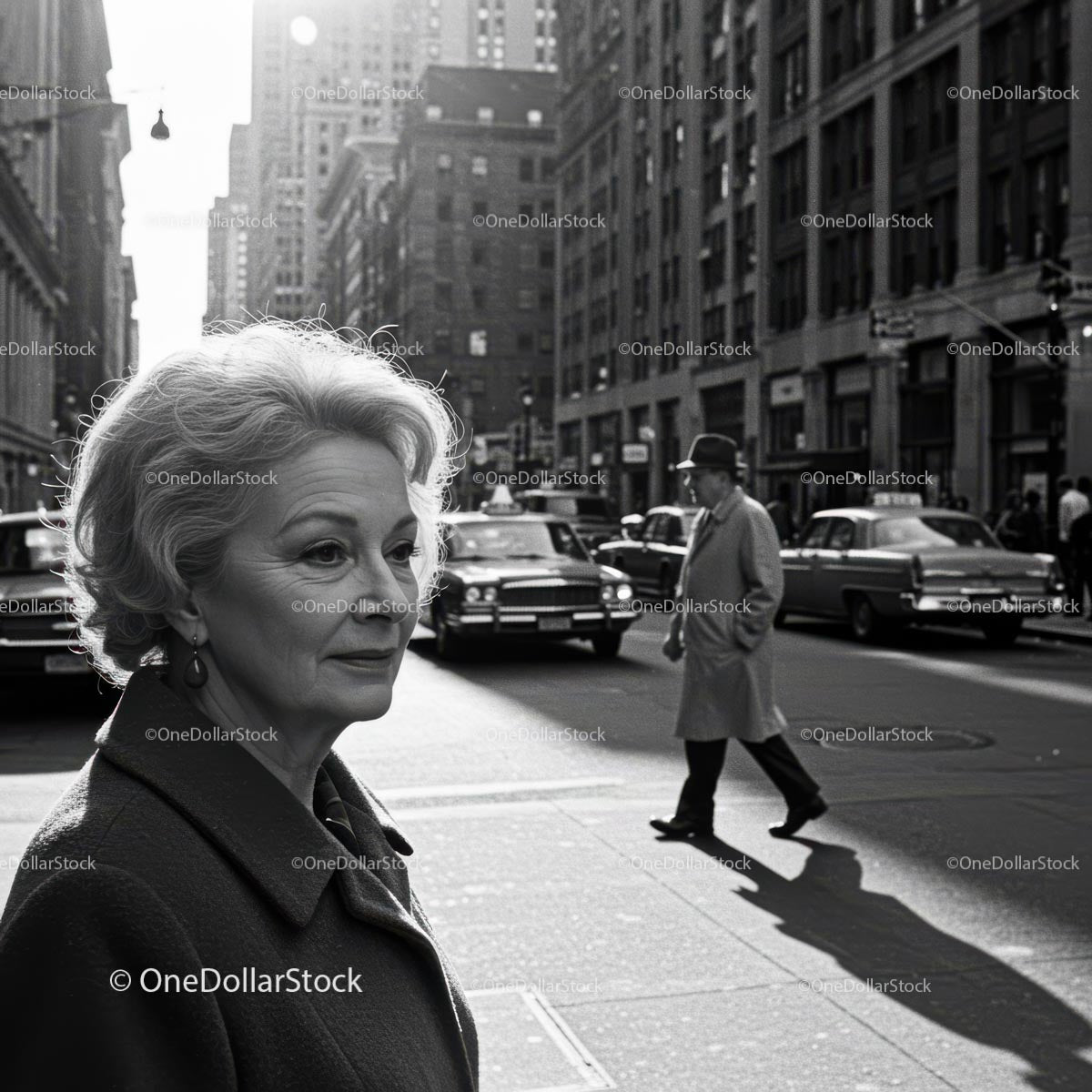 Elderly Woman in Busy City Street Surrounded by Vintage Cars