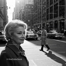 Elderly Woman in Busy City Street Surrounded by Vintage Cars