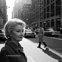 Elderly Woman in Busy City Street Surrounded by Vintage Cars