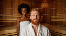 Happy Couple Relaxing in Sauna with Warm Wooden Interior