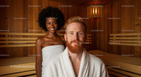 Happy Couple Relaxing in Sauna with Warm Wooden Interior