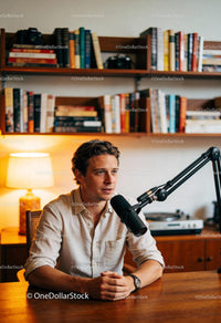 Man Recording Podcast in Cozy Home Library Space