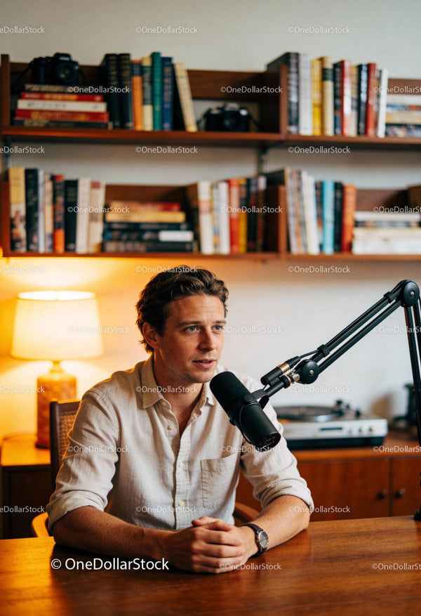 Mężczyzna nagrywający podcast w przytulnej domowej bibliotece