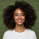 Portrait of a Smiling Woman with Curly Hair and Hoop Earrings
